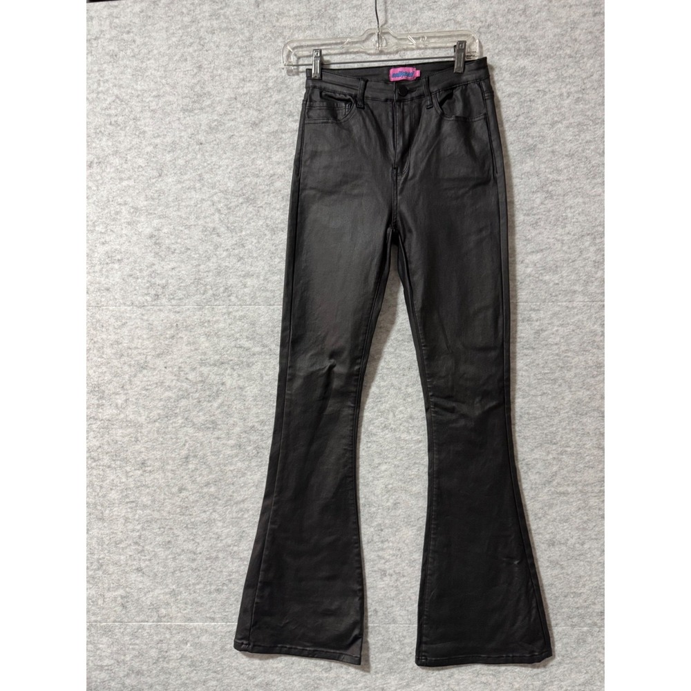 Edikted Luna Black Faux Leather Flare Jeans Pants Low‎ Rise Bell Bottom Y2K  Med